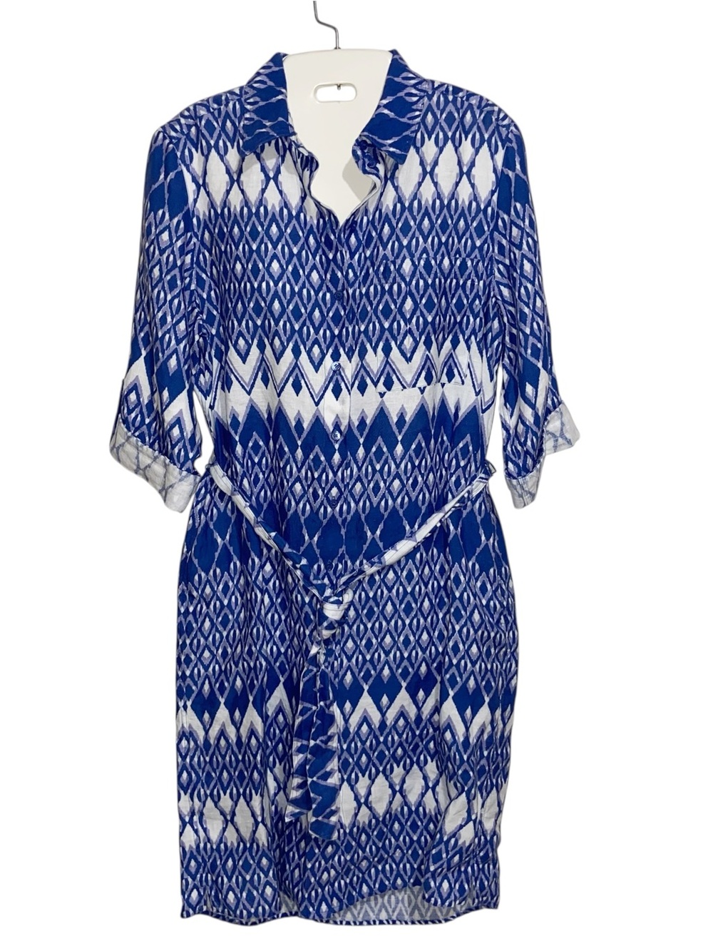 Jaeger Shirt Dress Womens Sz 8 US Blue 100% Linen Belted Pockets Coastal Resort
